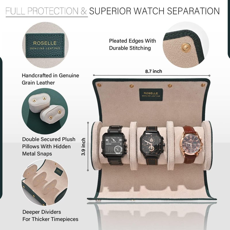 ROSELLE Genuine Leather Watch Roll Travel Case - Watch Roll Case For 3 Watches With Luxury Lining - Protect, Travel,Store, & Display Fine Watches (3 slot Green-Genuine Leather) - Image 2